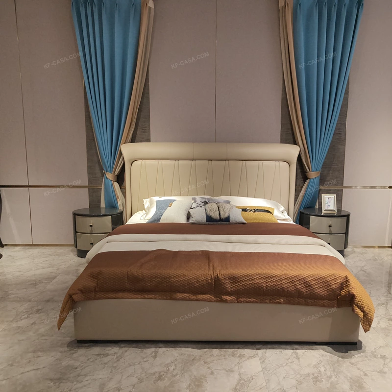 Curved-Top Leather Bed with Channel Tufting and High-Gloss Wooden Side Panels